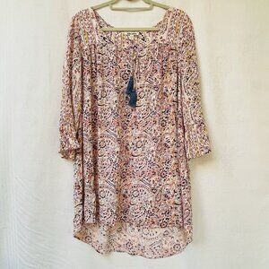 Billabong Tunic Blouse Womens Large Boho Paisley Earthy 3/4 Ruffle Sleeve